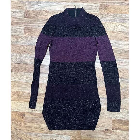 White House Black Market Tight Knit Sparkly Mock Neck Purple/Black Tunic Sweater - Picture 7 of 11